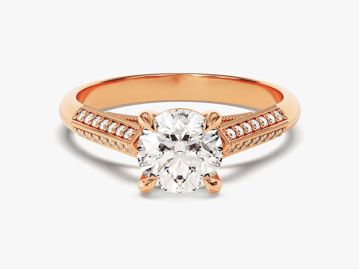 Round pave engagement ring close-up highlighting diamond sparkle