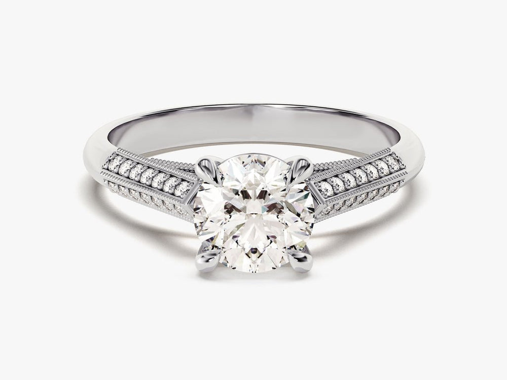 Round pave engagement ring close-up showing high clarity diamond clarity