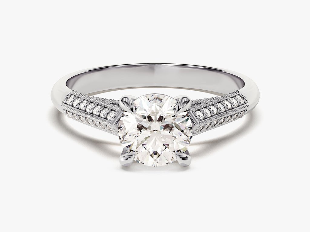 Round pave engagement ring close-up showing high clarity diamond clarity