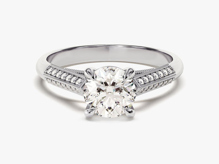 Round pave engagement ring close-up showing high clarity diamond clarity