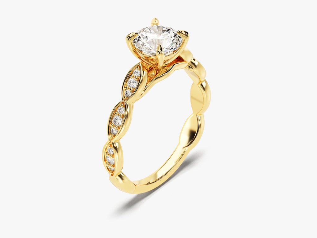 Round vintage lab grown diamond ring side profile in gold setting