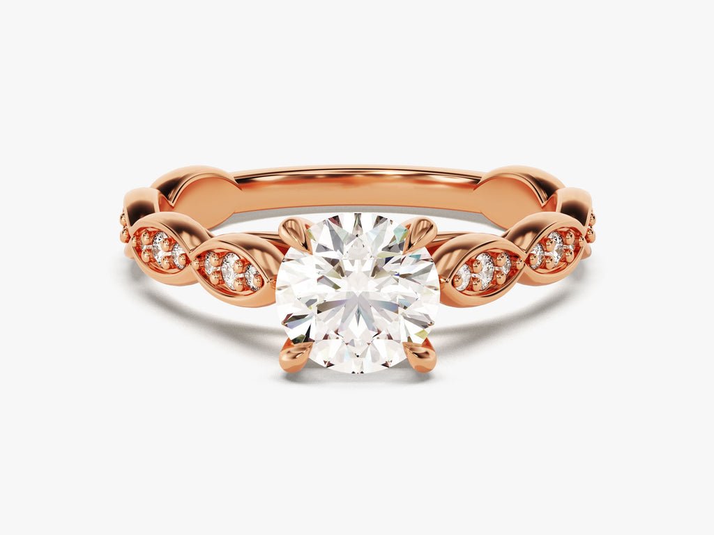 Close-up of round cut center diamond in vintage engagement ring