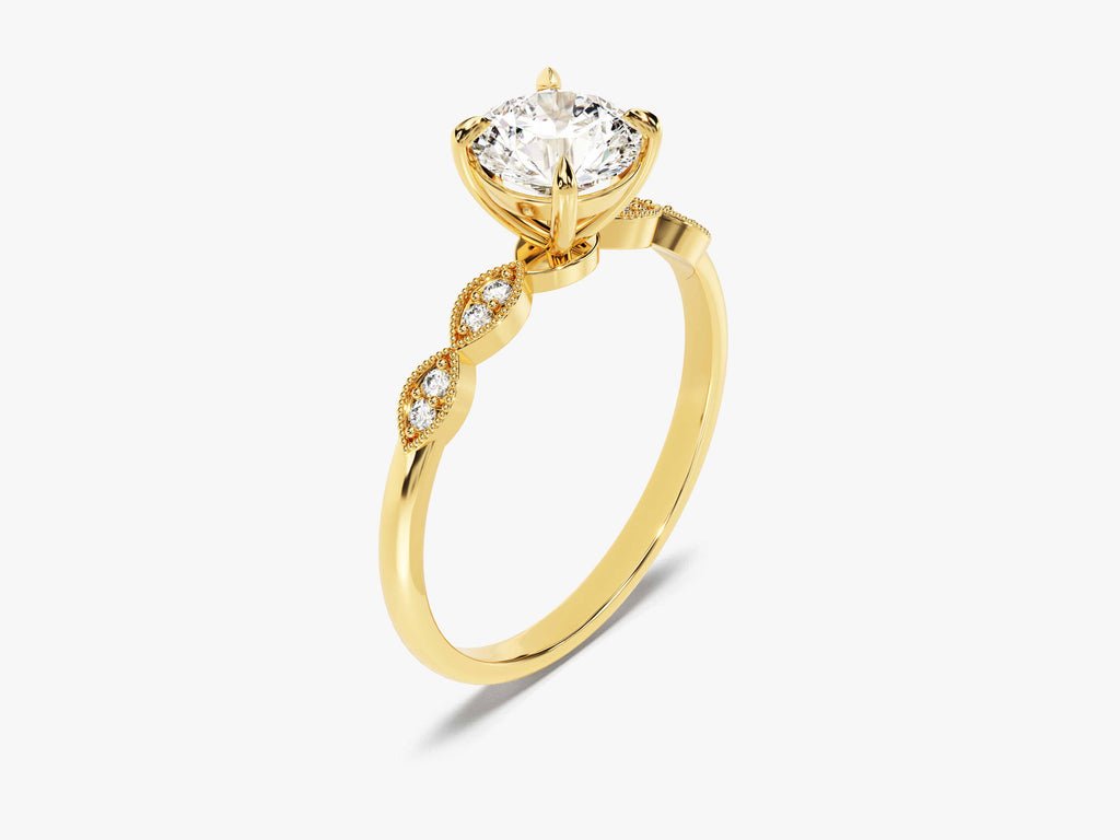 Round vintage lab grown diamond ring side profile in gold setting