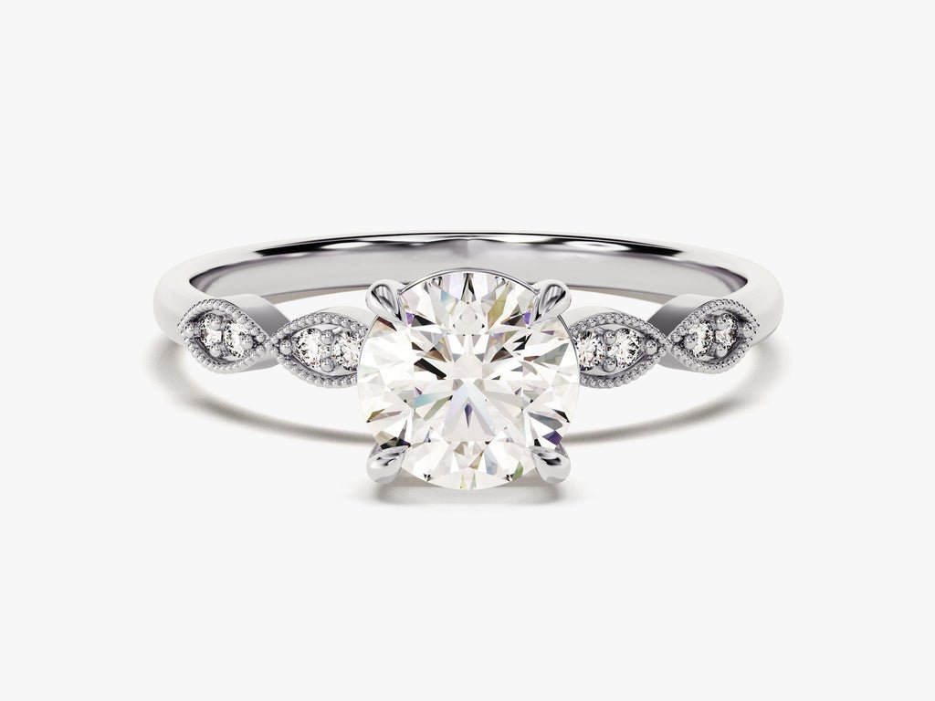 Close-up of round cut center diamond in vintage engagement ring