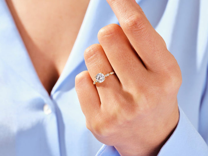 Side angle of round vintage diamond engagement ring