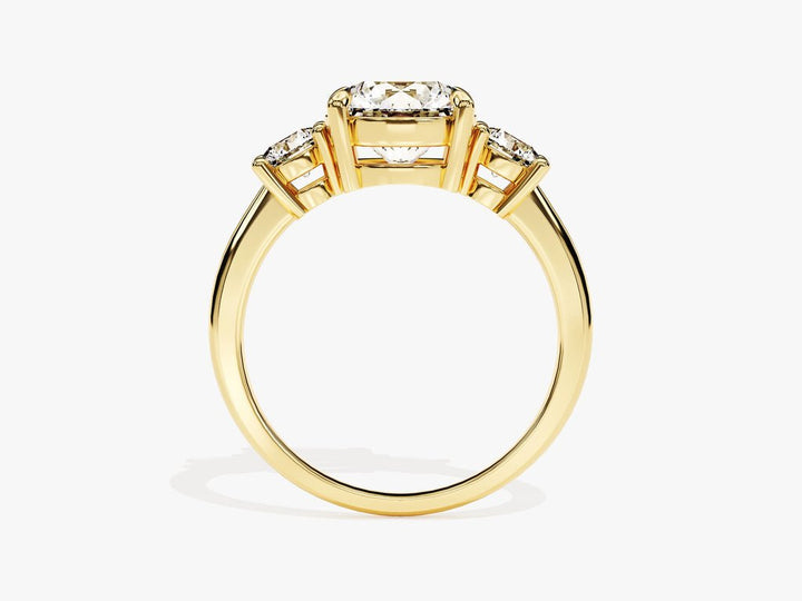 Round three stone engagement ring close-up highlighting diamond sparkle