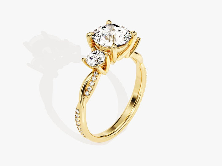 Round three stone engagement ring close-up showing high clarity diamond clarity