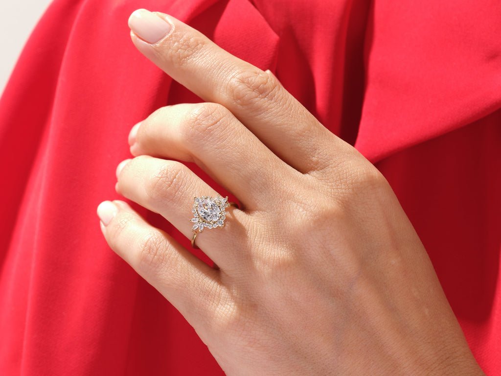 Handcrafted oval cut cluster lab grown diamond engagement ring