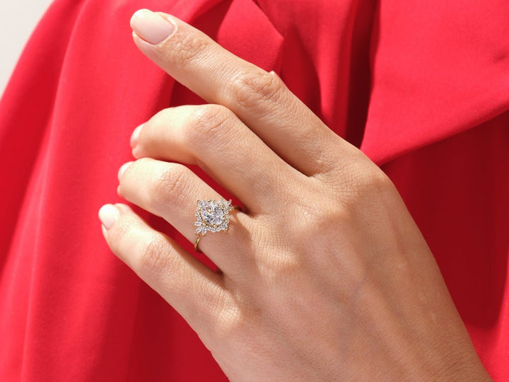 Handcrafted oval cut cluster lab grown diamond engagement ring
