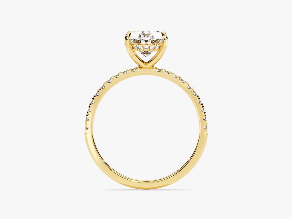 Oval cut engagement ring side view showing band detail