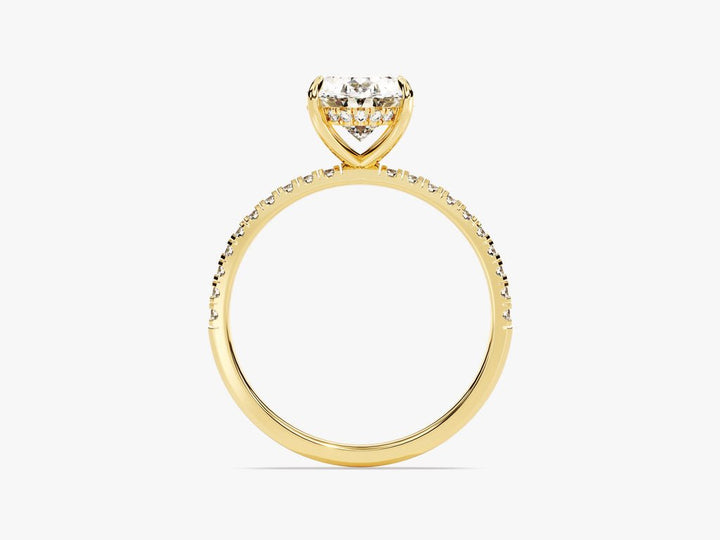 Oval cut engagement ring side view showing band detail