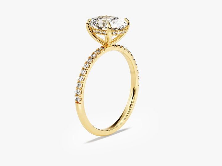 Side angle of oval hidden halo diamond engagement ring