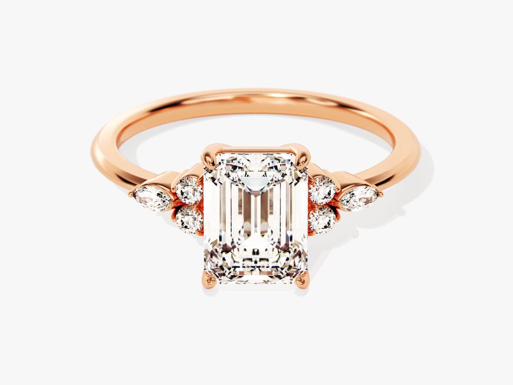Emerald cut engagement ring side view showing band detail