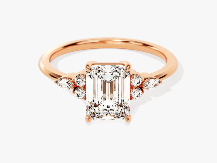 Emerald cut engagement ring side view showing band detail