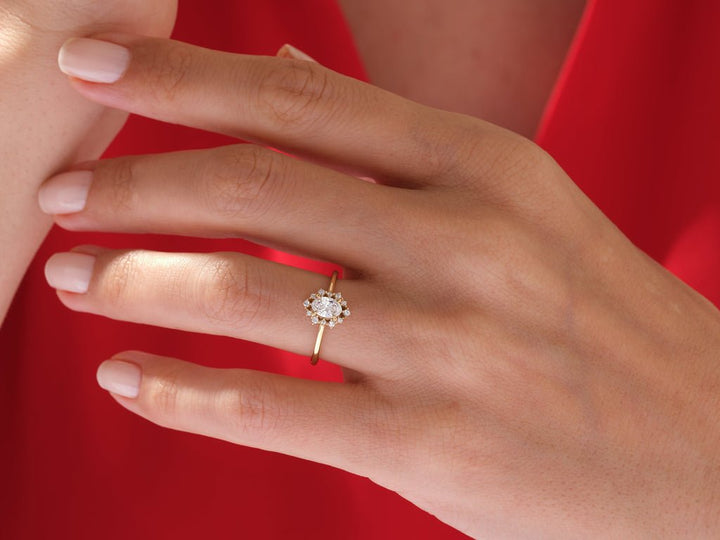 Oval cut engagement ring side view showing band detail