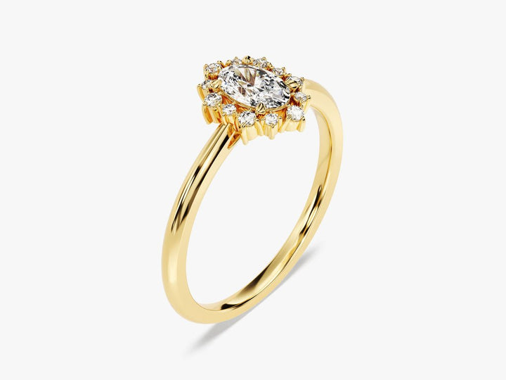 Detailed close-up of oval cluster diamond engagement ring