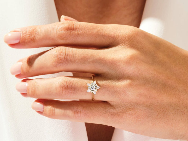 Round solitaire diamond ring displayed on jewelry stand