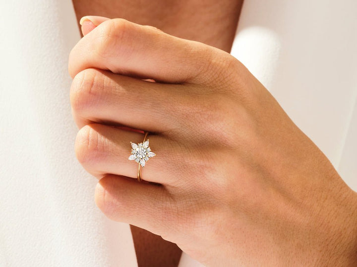 Angled view of round cut diamond in solitaire setting