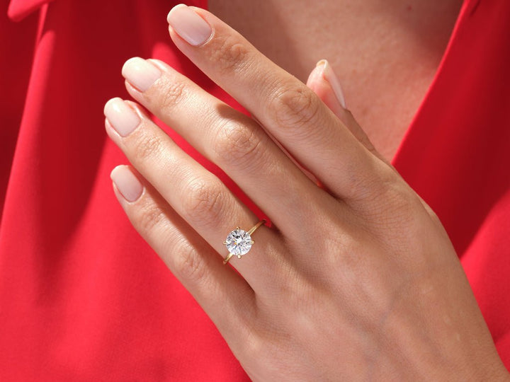 Round hidden halo engagement ring close-up showing high clarity diamond clarity