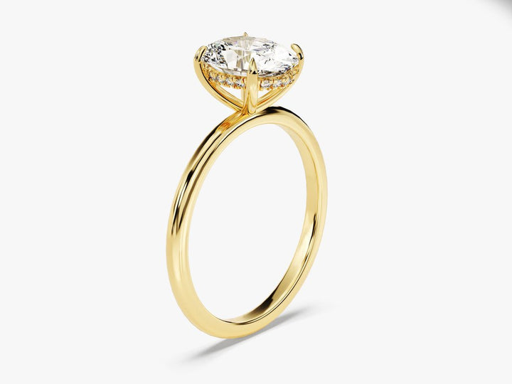 Unboxing view of oval cut hidden halo diamond engagement ring