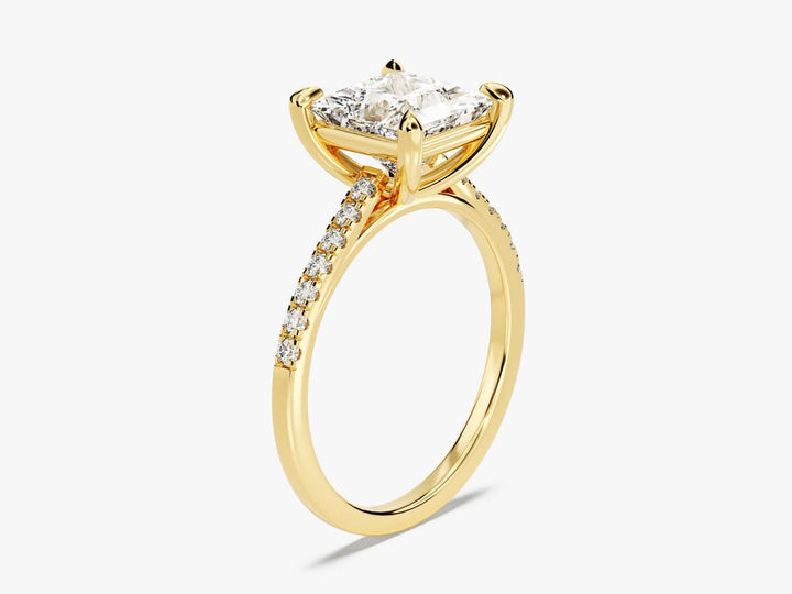 Detailed close-up of princess pave diamond engagement ring