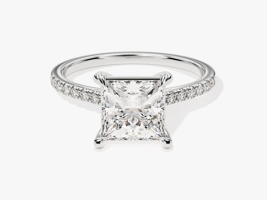 Princess pave engagement ring close-up showing high clarity diamond clarity
