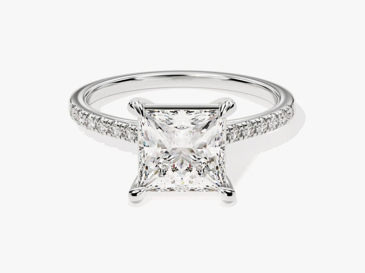 Princess pave engagement ring close-up showing high clarity diamond clarity