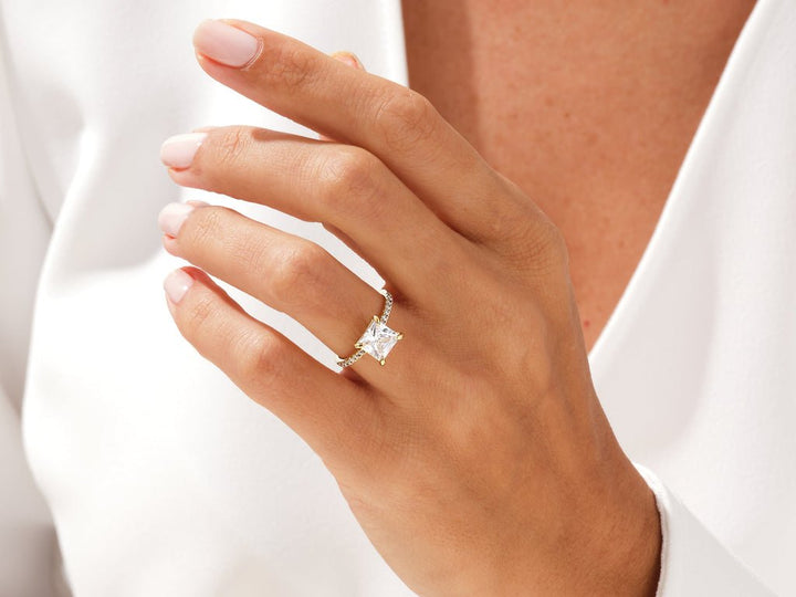 Princess cut engagement ring side view showing band detail