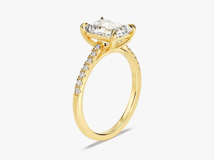 Emerald cut engagement ring shown with authenticity certificate