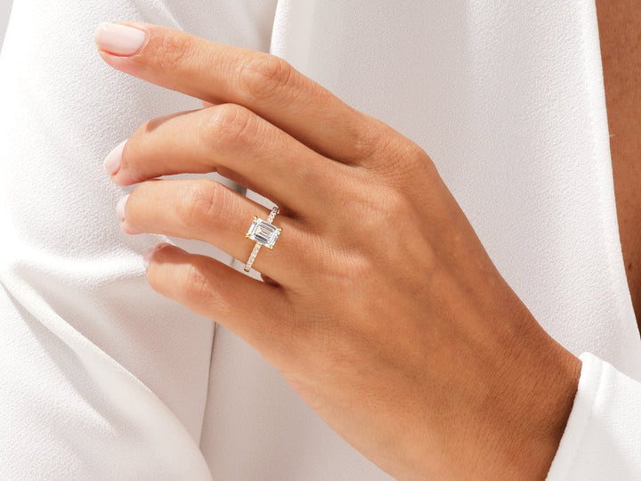 Emerald pave engagement ring with IGI certificate and packaging