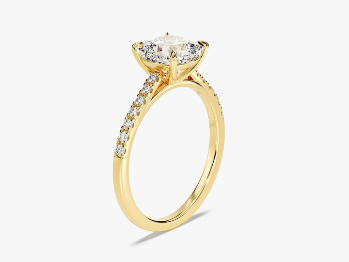 Cushion pave lab grown diamond ring fitted on finger