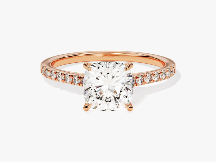 Cushion pave engagement ring shown on hand for true-to-life sizing