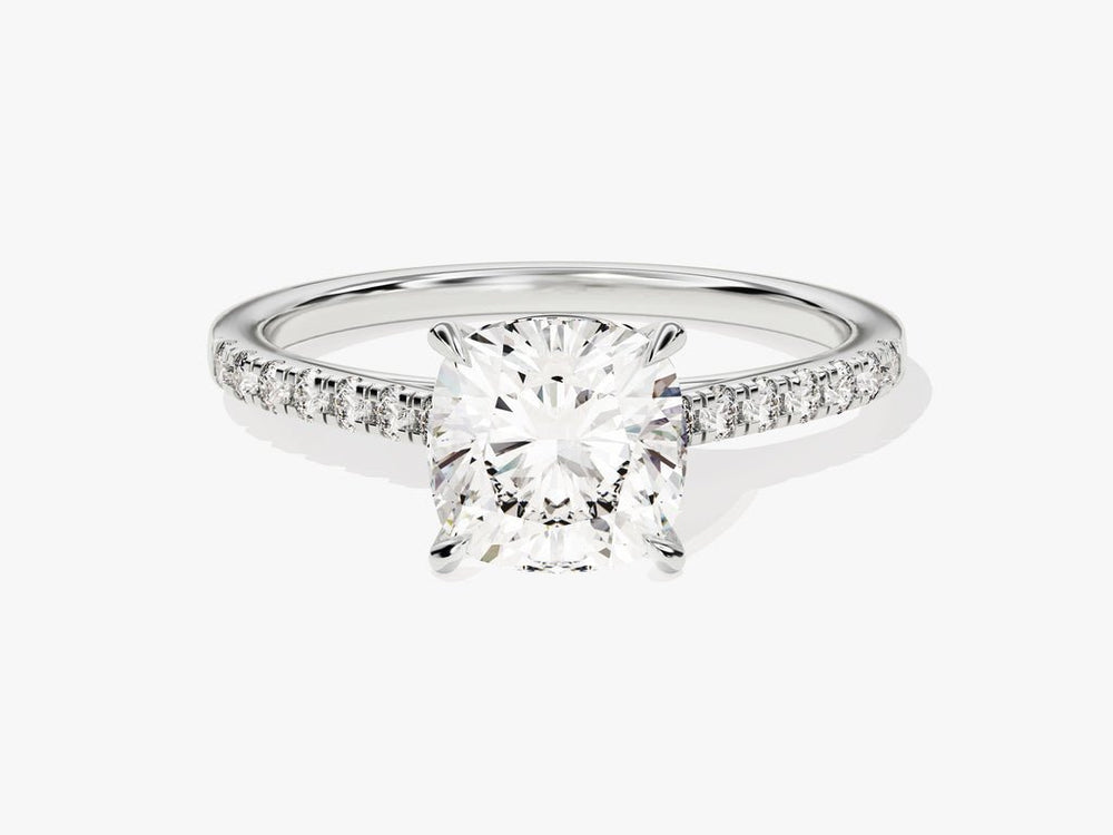 Cushion pave engagement ring viewed from the side