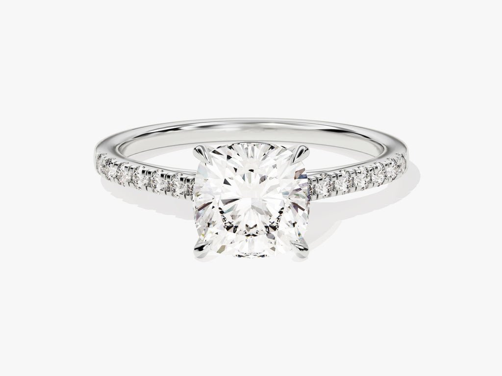 Cushion pave engagement ring viewed from the side