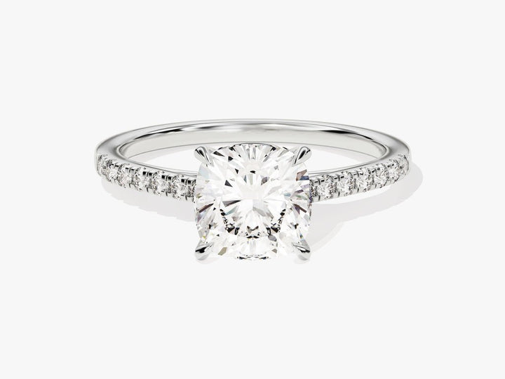 Cushion pave engagement ring viewed from the side