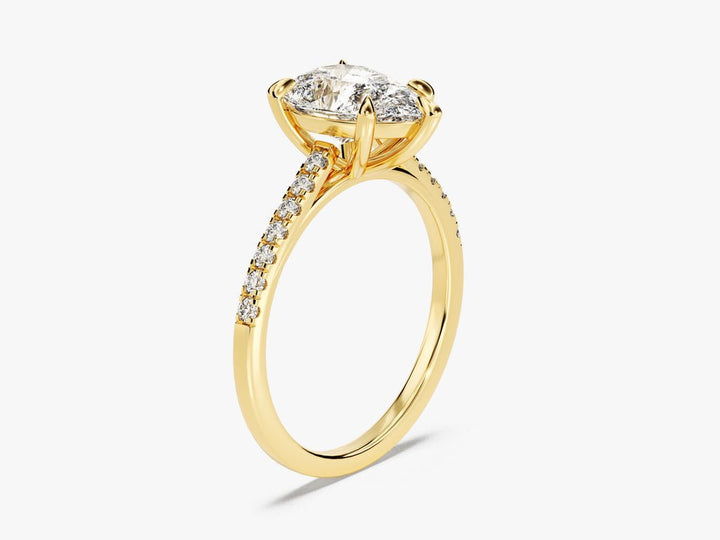 Pear cut engagement ring side view showing band detail