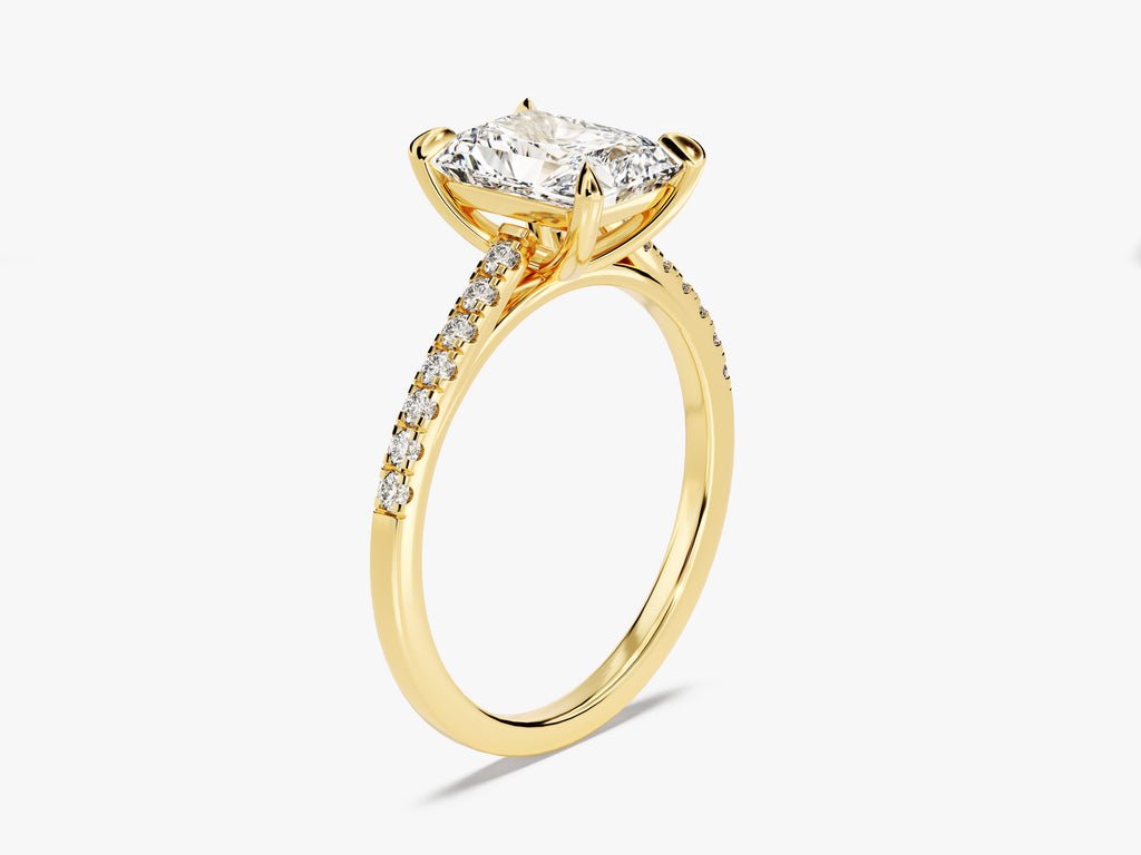 Radiant cut pave engagement ring shown in real-life wear