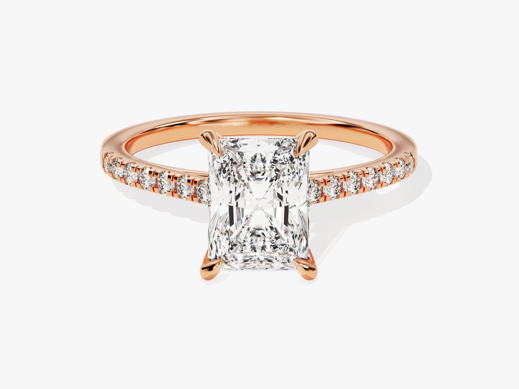 Radiant pave engagement ring shown on hand for true-to-life sizing