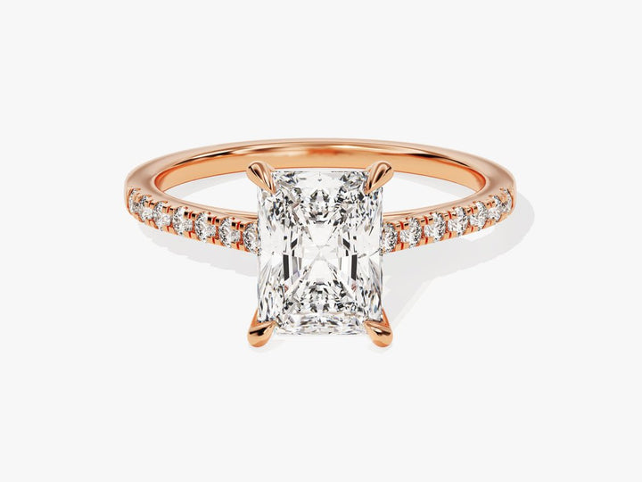 Radiant pave engagement ring shown on hand for true-to-life sizing