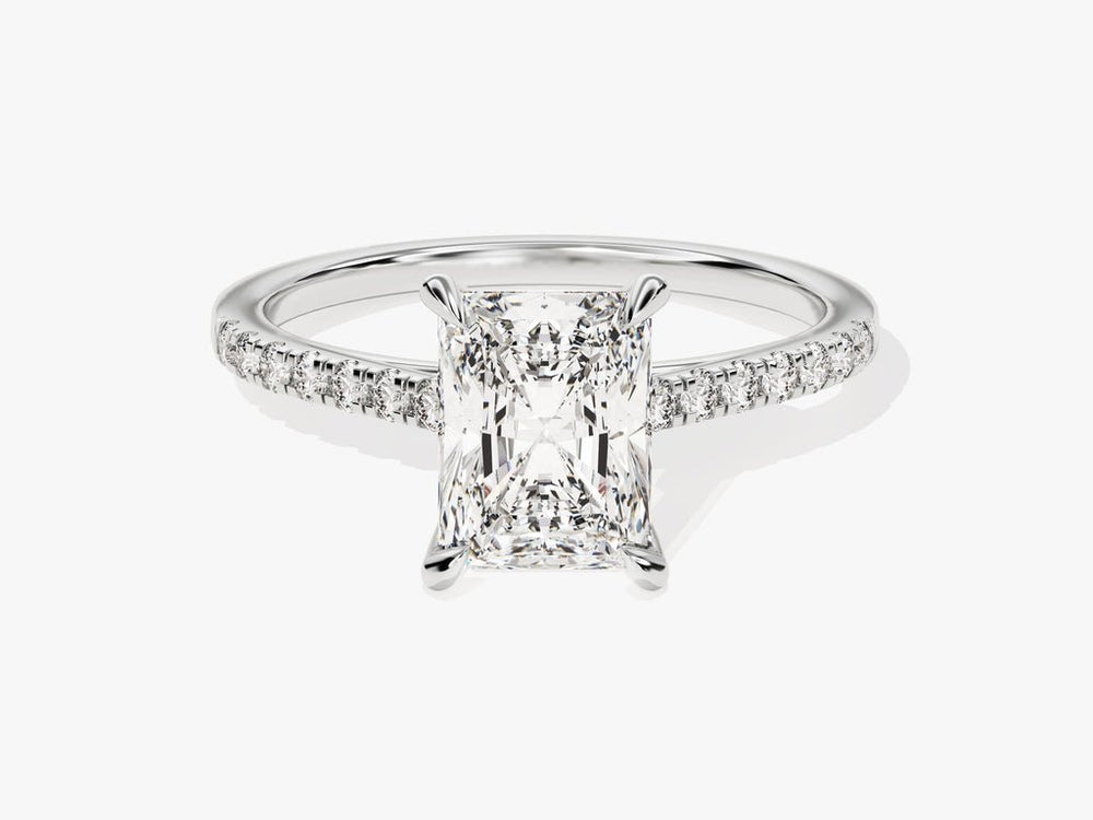 Radiant pave engagement ring viewed from the side