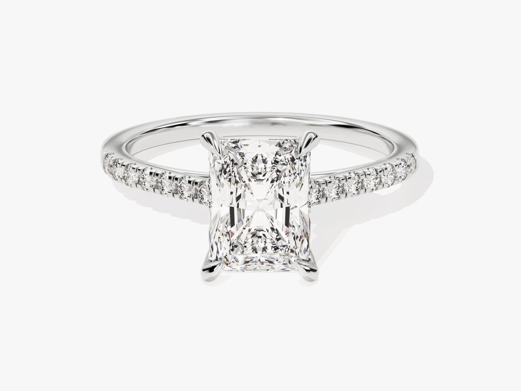 Radiant pave engagement ring viewed from the side