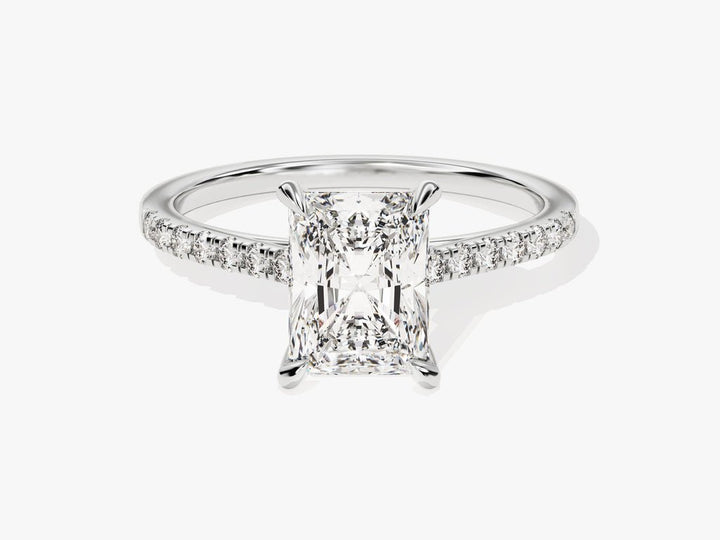 Radiant pave engagement ring viewed from the side