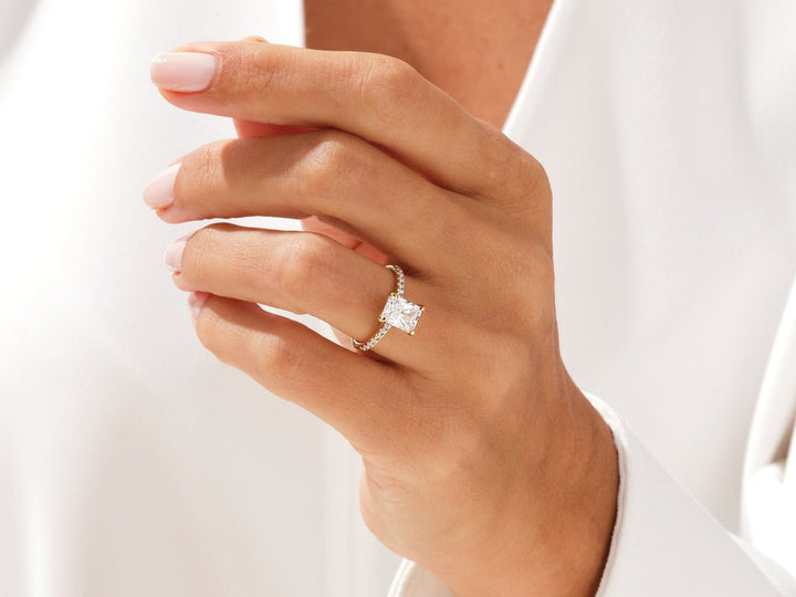 Radiant cut pave engagement ring with IGI certified center diamond