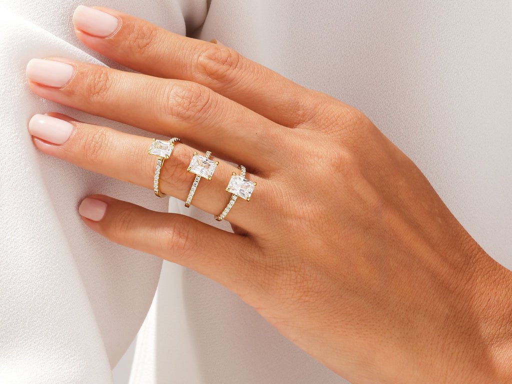 Radiant cut diamond ring worn on hand