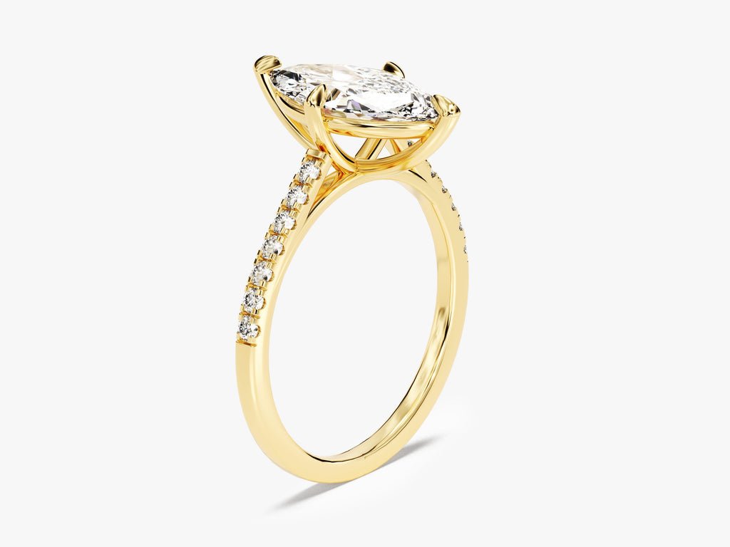 Detailed close-up of marquise pave diamond engagement ring