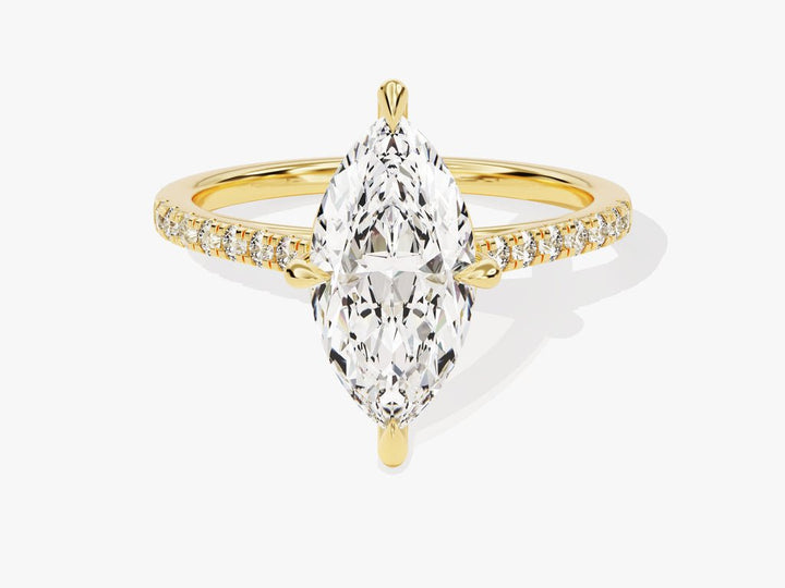 Marquise pave engagement ring close-up showing high clarity diamond clarity