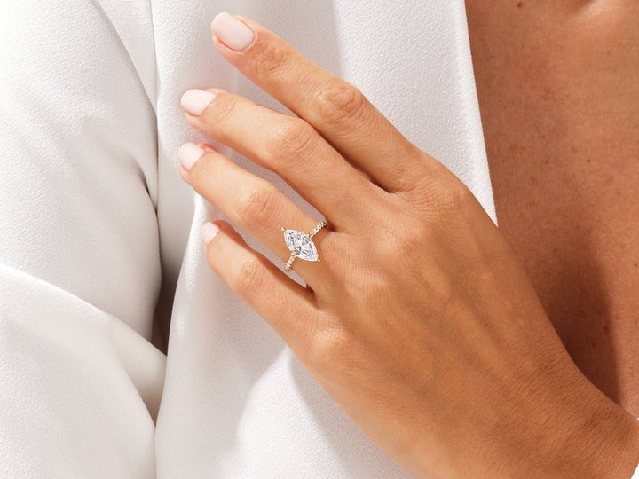 Marquise pave lab grown diamond ring side profile in gold setting