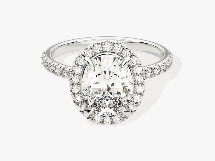Oval pave engagement ring offered in gold and platinum
