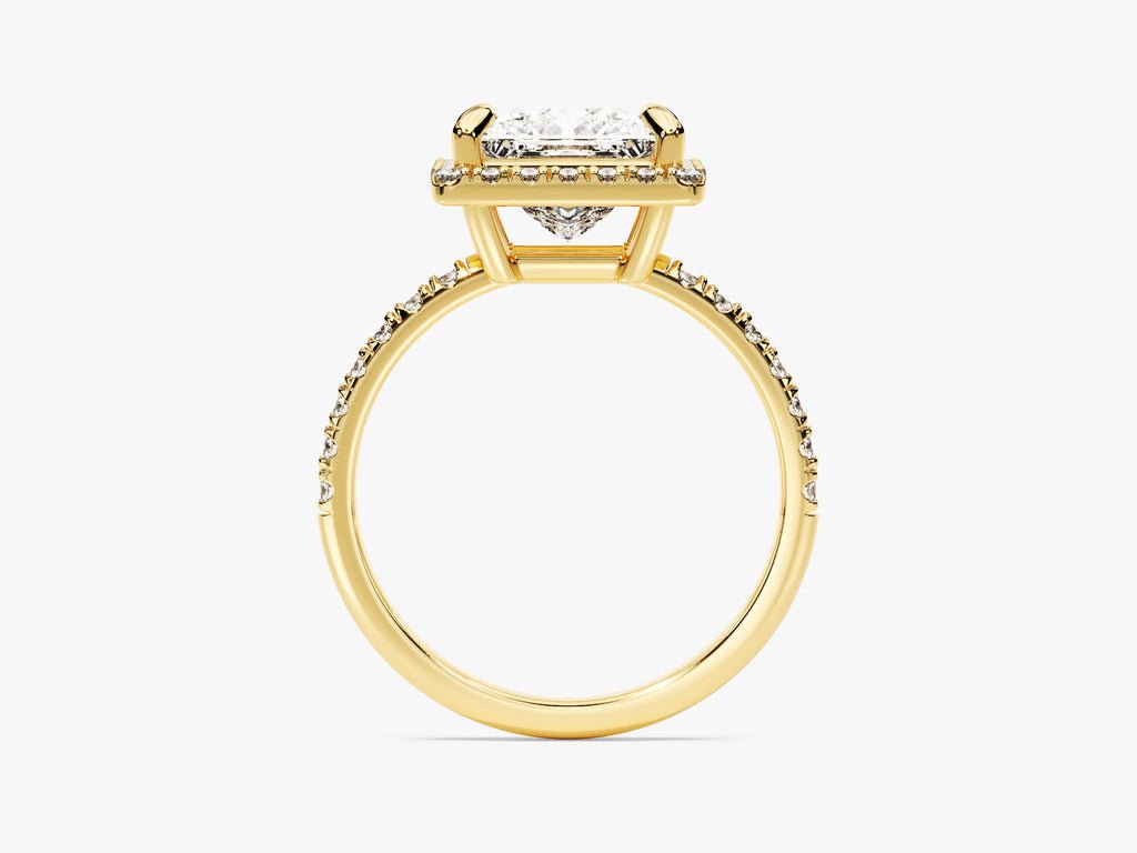 Profile view of princess cut pave engagement ring band
