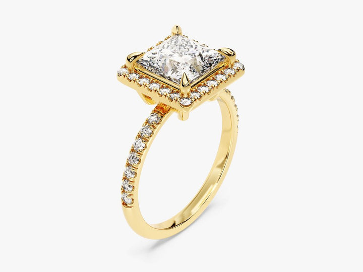 Side angle of princess pave diamond engagement ring